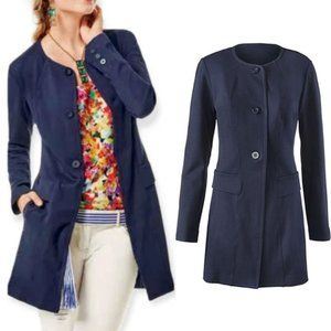 Cabi The Lido Jacket Longline Button Front Navy Blue Blazer Coat Stretch Ponte-M